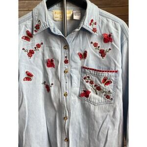 Vintage Fortune by Stan Denim Shirt XL Embroidered Butterfly Floral denin